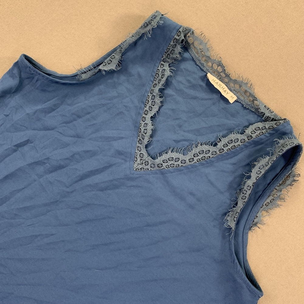 HARHAY Tank Top Womens Medium Blue Lace Trim V-Neck Sleeveless Cami Casual Soft
